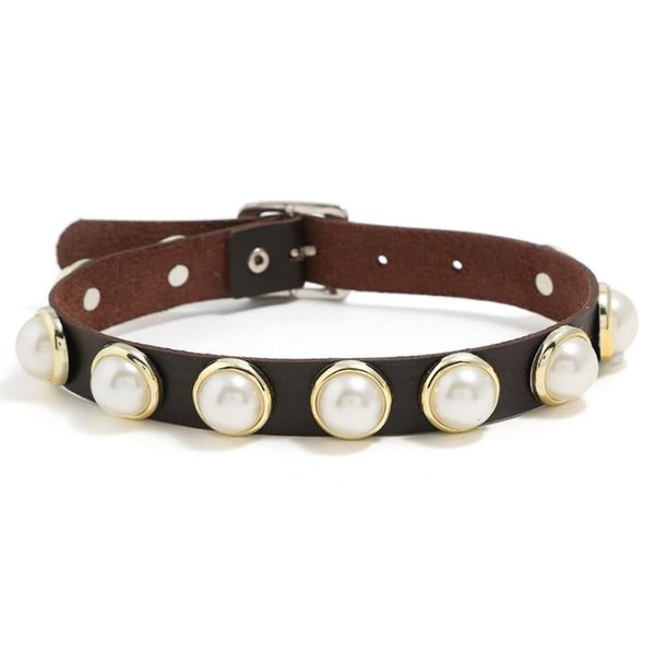 

leather choker collar for women gothic punk chain pearl studded round charm rock vintage statement nacklace fashion jewelry, Golden;silver
