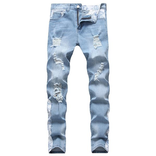 

мода streetwear мужские рваные джинсы fit denim брюки строчка натяжные джинсы trade new разрушенный изношенные тонкий стиль hole straight, Blue