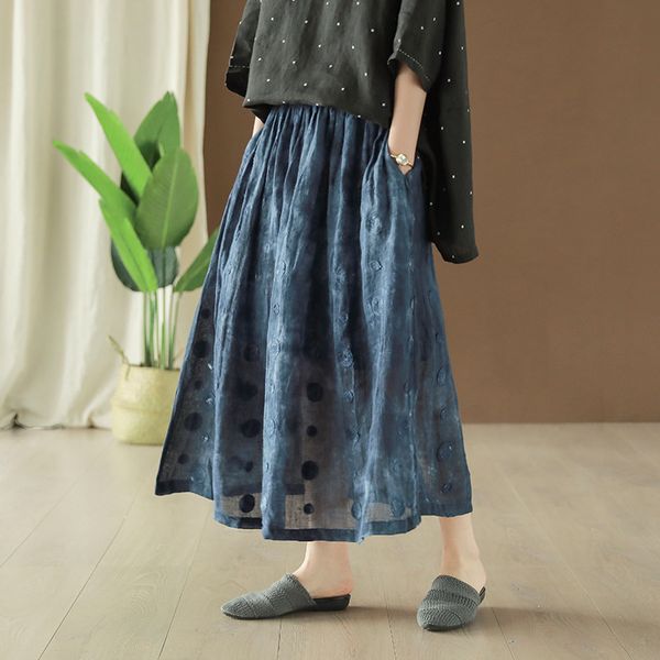 

linen three-dimensional flower skirt summer new elastic waist retro loose artistic medium-length skirts, Black