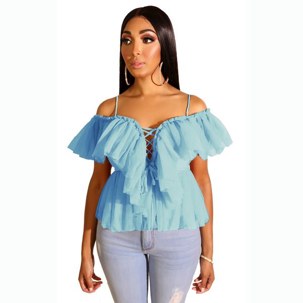 

frill v neck ruffled comfortable breathable summer tulle mesh blouse event blouse pleated, White
