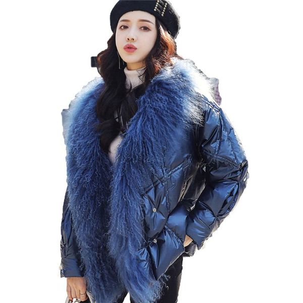 

women winter white duck down jacket long sleeve thick warm coat female silver real sheep fur collar down loose outwear parka y01, Black