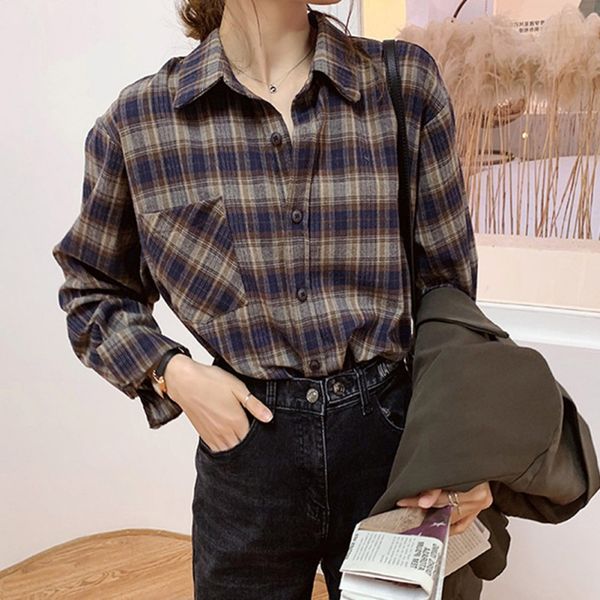 

опрятный стиль клетчатая рубашка ретро свободная блузка дикий дышащий с длинным рукавом нагрудные рубашки, White