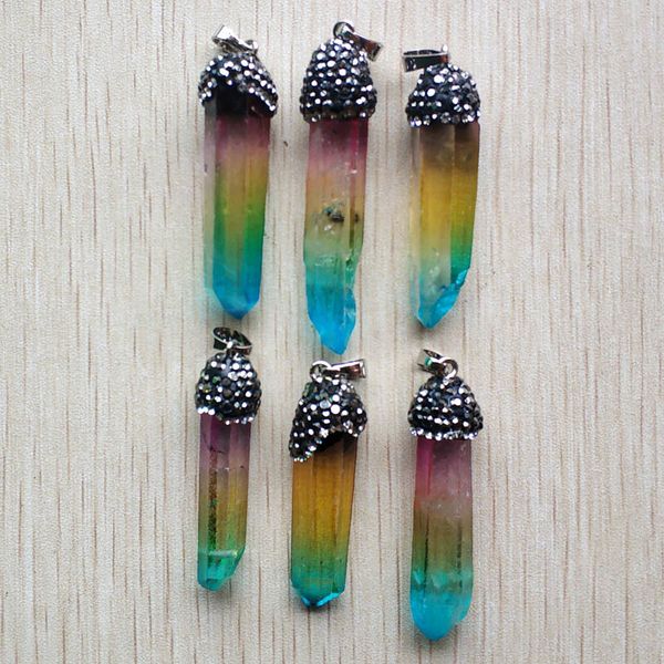 

wholesale 6pcs/lot 2019 new fahsion good quality natural crystal colorful irregular pillar pendants for jewelry marking free, Silver