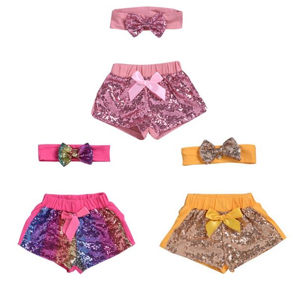 

baby sequin shorts baby colorful shining glitter shorts + bow headwear cotton cute newborn toddler fashion summer clothing, Black