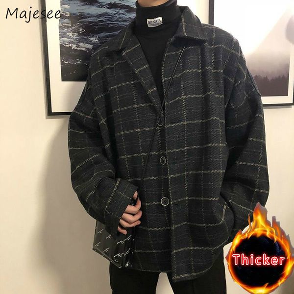 

woolen coat men clothes plus size plaid mens wool overcoat thickening vintage korean style streetwear with pockets students soft, Black