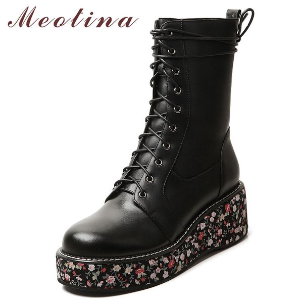 

meotina autumn mid calf boots women natural genuine leather platform wedge high heel boots flower round toe shoes lady winter 39, Black