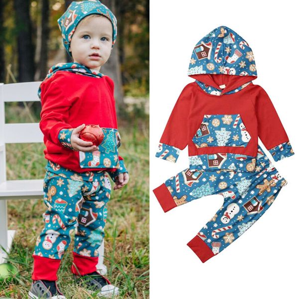 

newborn toddler baby boy xmas clothes sets 0-3y cartoon print hooded long pants trouser outfits set, White