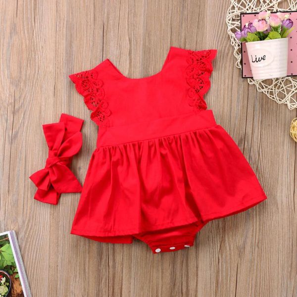 

newborn toddler baby girl clothes romper bodysuit+headband kids dress outfit, Red;yellow