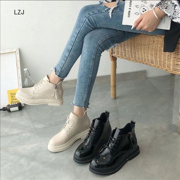 

lzj 2019 fashion zipper flat shoes woman high heel platform pu leather boots lace up women shoes ankle boots girls size 35-40, Black