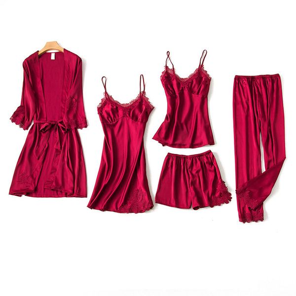 

women pajamas female summer silk long sleeve ladies nightdress five piece nightgown pajama sets pyjamas pijama mujer, Black;red