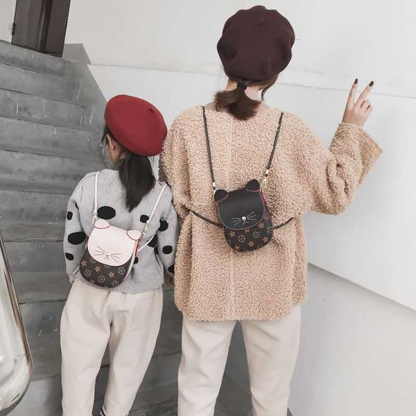 

retail mother and daughter printed cat one-shoulder bags baby girls vintage backpack fashion cat decoration messenger bag women bags, Black