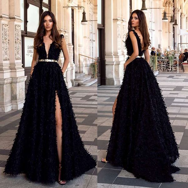 

oksana mukha 2019 prom dresses deep v neck side split lace tassel formal evening gowns ruffles floor length a line special occasion dresses, Black