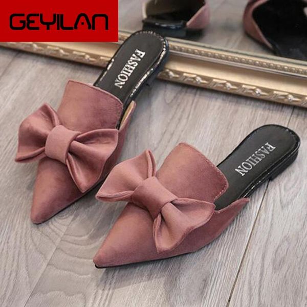 

women's spring summer shoes suede pointed toe flat slipper bowknot causal flock single shoes woman slippers ladies sandals, Black
