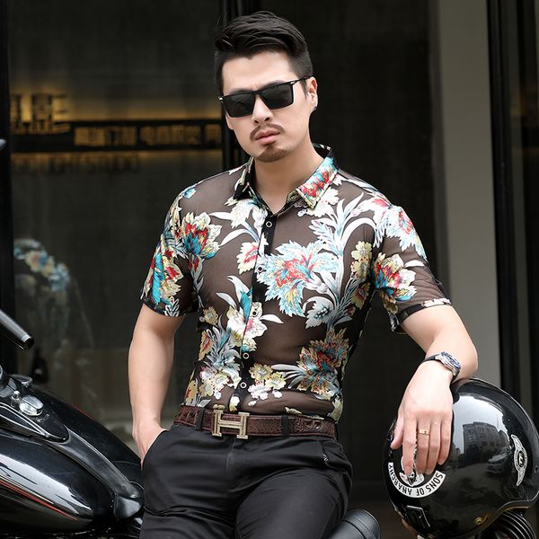 

summer new arrival male hollow floral shirt mens see through fashion printing dress shirt short sleeve, White;black