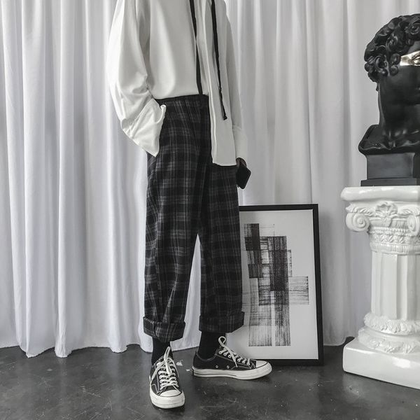 

plaid harem pants 2020 new hong kong style men casual mid waist pant loose drawstring harajuku trousers hip hop sweatpants t02, Black