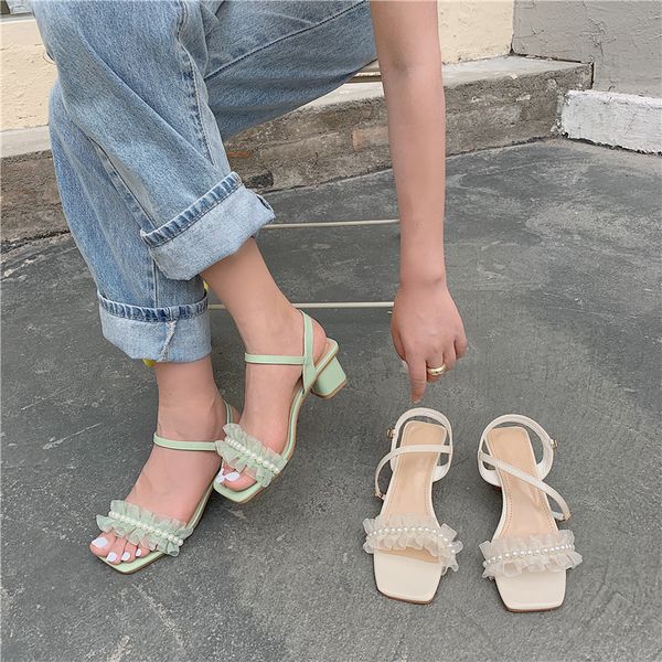 

2020 chunky heels sandals women gladiator shoes summer buckle sandal string bead peep toe slides mesh ruffles heel shoes woman, Black