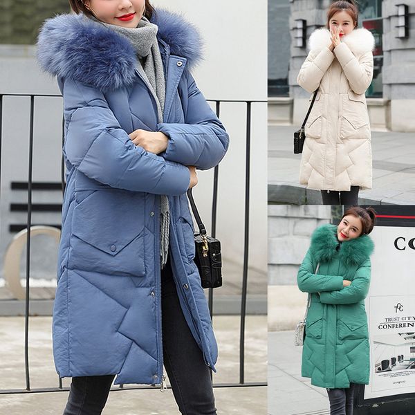 

women fashion outerwear long cotton-padded jackets pocket faux hooded new parka womens winter coats warm down loose coat f1, Black