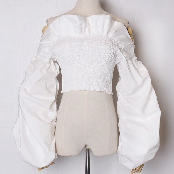 

seebeautiful new fashion 2020 spring summer ruffles stitching slash neck lantern long sleeve short blouse shirt woman q641, White