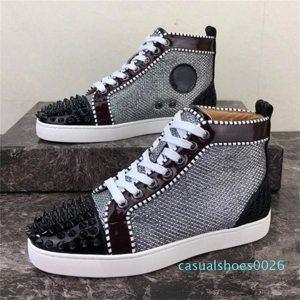 

2020 new men women casual shoes designer red bottom studded spikes fashion sneakers black red white leather high boots size34-48 c26