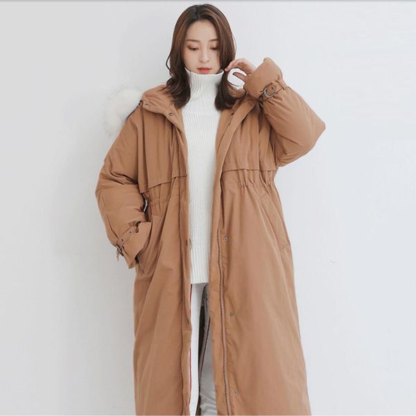 

winter women 90% white duck down jacket loose long down coat large real fur collar hooded outwear warm thick parka plus size, Black