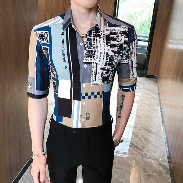 

tuxedo shirts men slim fit shirt streetwear camisa social masculina england men printing short sleeve shirt designer night club, White;black