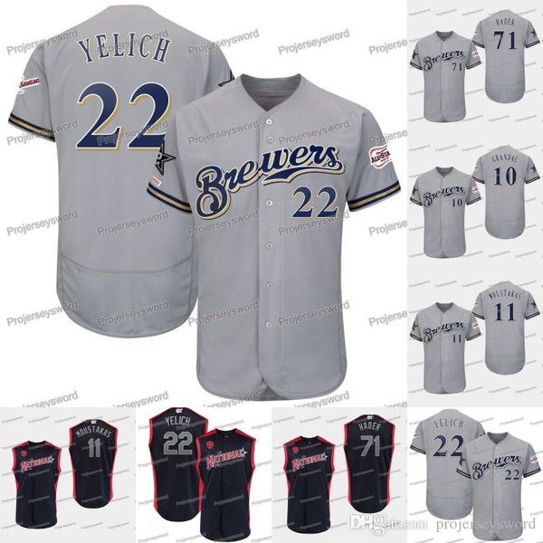 

Mens Milwaukee 22 Christian Yelich National League Brewers Jerseys 10 Yasmani Grandal Mike 11 Moustakas 71 Josh Hader Allstar Jerseys