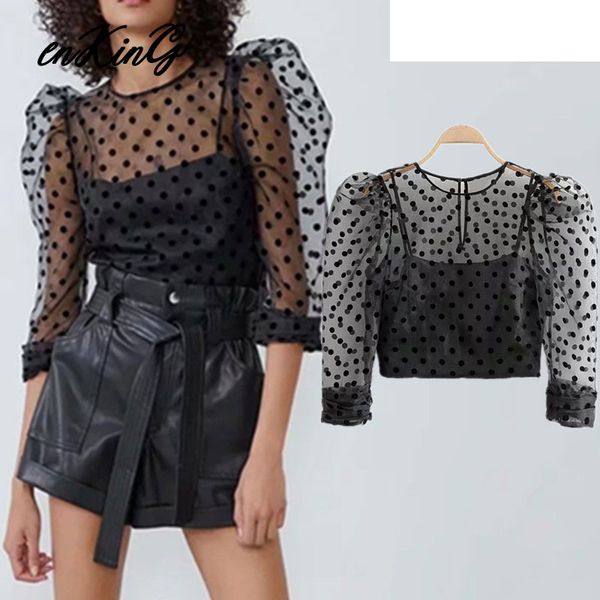 

2019 women fashion organza polka dots blouse puff sleeve see through shirt female casual stylish chic crop blusas, White