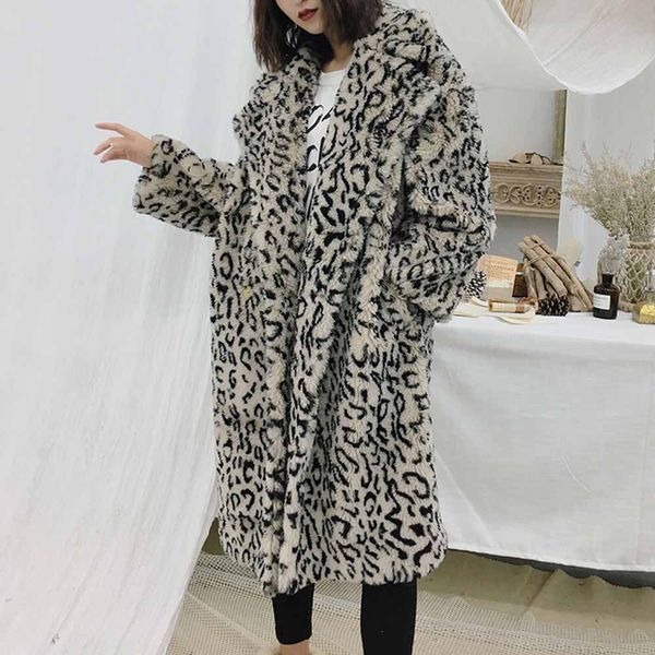 

firstto stylish leopard hairy shaggy faux fur lapel outwear mid long 2018 winter women keep warm jacket coat oversize style, Black