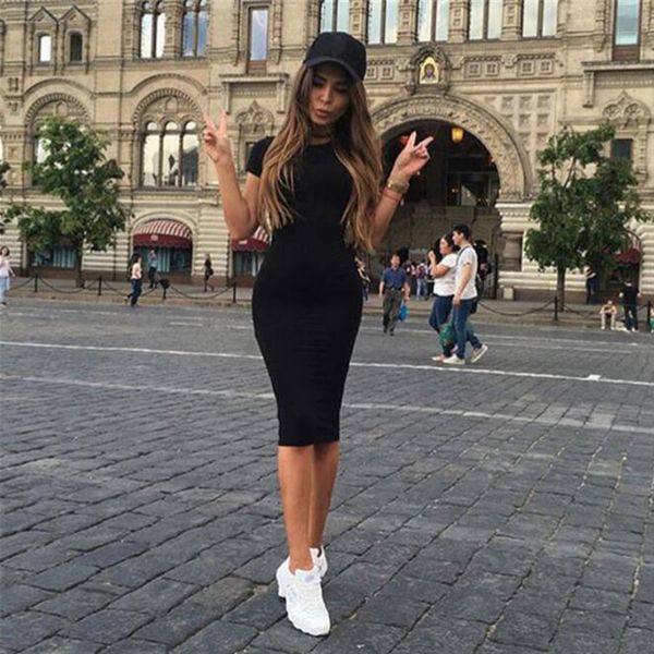 

women streetwear long dress fashion o-neck short/ long sleeve solid mid-calf bodycon dress lady autumn winter skinny hips, Black;gray