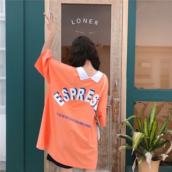 

2020ins отворотом поло короткий рукав контрастного цвета миди футболки топ футболка женский свободный студент топ лето, White