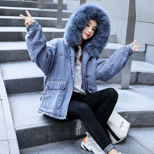 

berly boutique korean version of the real fur collar denim jacket women plus velvet thickened long hooded warm coat, Black