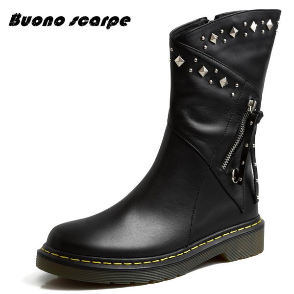 

2019 новые заклепки натуральная кожа женщины ботильоны зима теплая мотоцикл сапоги квартиры платформа партия обувь женщина коренастый каблук, Black