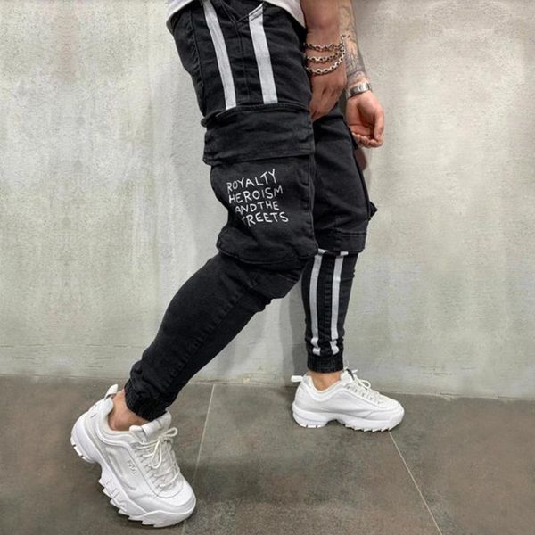 

cargo pants denim men 2019 casual striped big pockets mens jeans hip hop male black jeans loose brand trousers jean homme d25, Blue