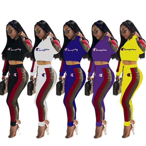 

women champion hoodies two piece outfits long sleeve hooded t shirt sweatshirt + lace up pants leggings tracksuit spring clothing set s-2xl, White