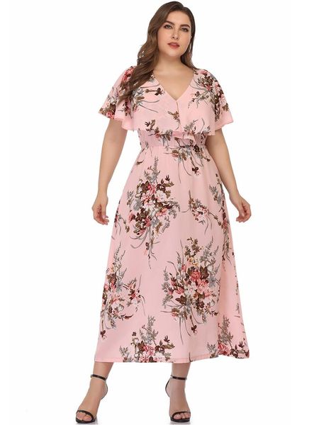 

spring summer 2020 womens maxi dress v-neck short sleeve floral long dress bohemian plus size elastic waist elegant new 5.0, Black;gray