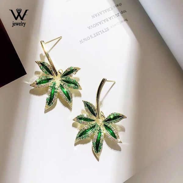 

we fashion statement green leaves earrings for women luxury rectangle rhinestone earring wedding s925 silver pin jewelry gifts