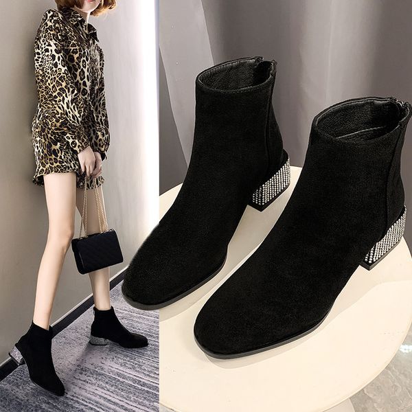 

crystal chunky heels botas solid flock back zipper boots women round toe short ankle botines slim all match shoes, Black