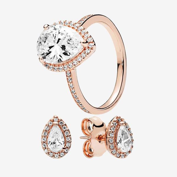 

luxury 18k rose gold teardrop ring & earrings set original box for pandora real 925 silver women wedding gift tear drop rings stud earring, Slivery;golden