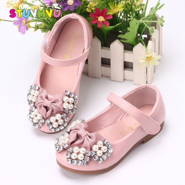 

children shoes 2020 new fashion toddler girl shoes bow pearl rhinestone leather kids dance princess white pink size 21-35, Black;grey