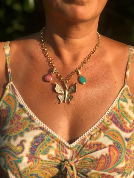 

gulce dereli, butterfly charm and pink/green natural stone charm necklace, chain necklace, gift box, gold/silver plated