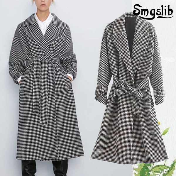 

2019 winter blend woolen overcoat women england vintage plaid oversize loose sashes long coat trench coat women plus size, Black