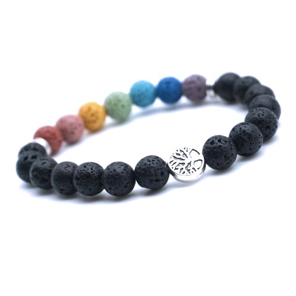 

tree of life 8mm colorful seven chakras black lava stone bracelet diy essential oil diffuser bracelet yoga jewelry