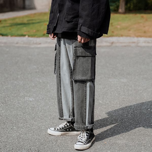 

men's jeans ewq / wear 2021 spring summer contrast color patchwork denim pants korean tide loose straight streetwear 9y1835, Blue