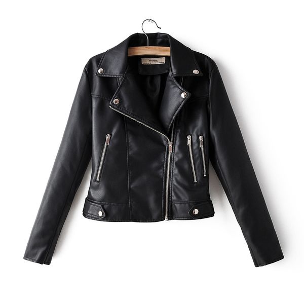 

taotrees autumn solid color lapel slim leather women short locomotive jacket, Black