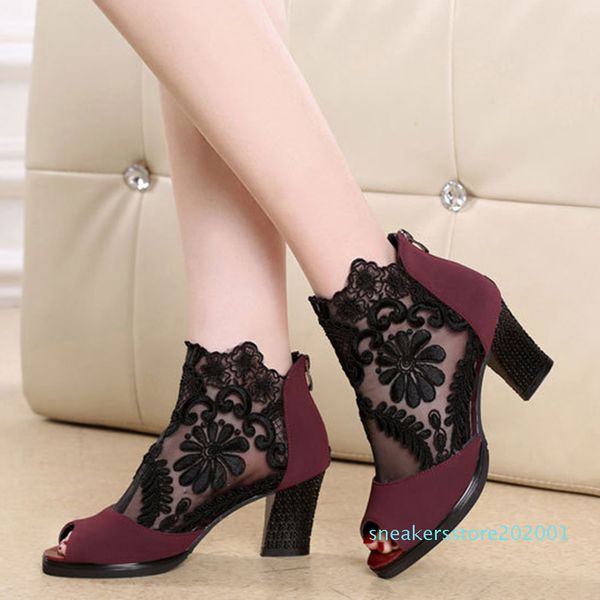 

net yarn new fashion high heels thick with lace fish mouth women shoes gladiator sandals boots women models s01, Black