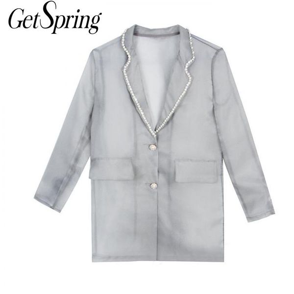 

women's suits & blazers getspring women blazer pearl patchwork mesh jackets casual all match womens long sleeve 2021 fashion, White;black