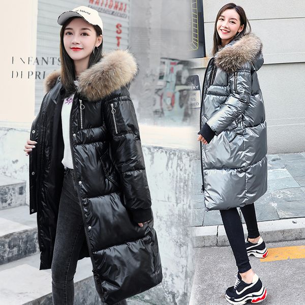 

glossy 2019 new winter jacket women warm thicken hooded with fur long coat shining fabric stylish female parka coats, Black