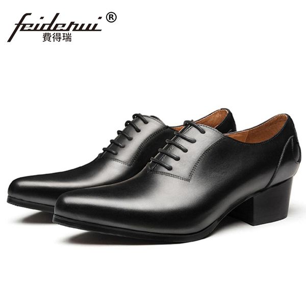 

new classic man formal dress genuine leather high heels oxfords pointed toe height increase men's handmade party shoes ss586, Black