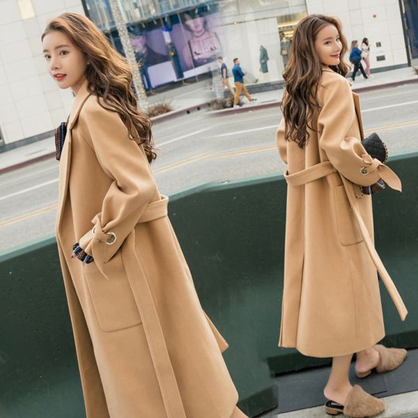 

2019 winter coat women wool jacket long casual with belt coats women outerwear jacket new fashion female blends overcoat djn16, Black