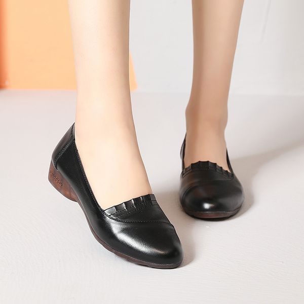 

tilocow genuine leather shallow mothers'shoes woman slip on mary janes ladies flats solid casual women footwear 2020 new shoes, Black